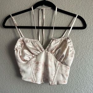 Floral Corset Crop Top – Blush Pink Satin Vibes – Size S